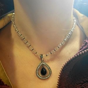 Adjustable 13-17 inch faux crystal beaded choker necklace faux diamond & onyx